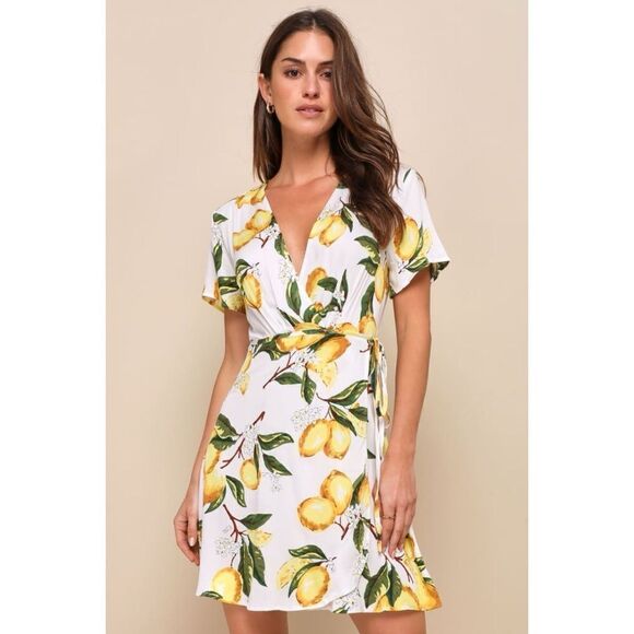Lulu's Lemon Print Wrap Mini Dress - Picture 1 of 16